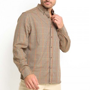 Men’s Stylish Comfortable Brown Checkered Long Sleeve Button-Up Shirt 65%Polyester 35%Rayon Check for Casual Wear ODM GTCW203075G1