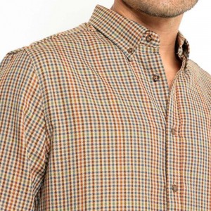 Men’s Stylish Comfortable Brown Checkered Long Sleeve Button-Up Shirt 65%Polyester 35%Rayon Check for Casual Wear ODM GTCW203075G1