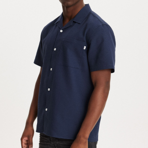 Men’s Navy Blue 100% Polyester Hawaiian Button-Up Shirt Short-Sleeve Stylish Comfortable for Casual Wear Woven Fabric Breathable GTCW202777G1