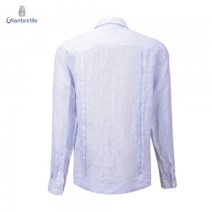 Men’s Guayabera Shirt Mexican Blue Solid Cuban Shirt Long Sleeve Shirt For Men blue solid LS