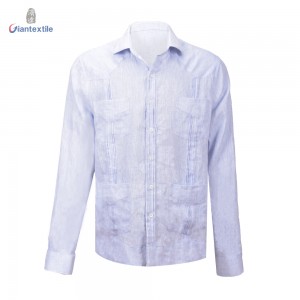 Men’s Guayabera Shirt Mexican Blue Solid Cuban Shirt Long Sleeve Shirt For Men blue solid LS
