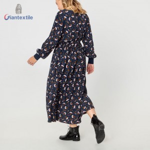 Giantextile Hot Sale Lady’s Dress 100% Viscose Long Sleeve Casual Novelty Print Long V-neck Dress For Women GTCW107412G2