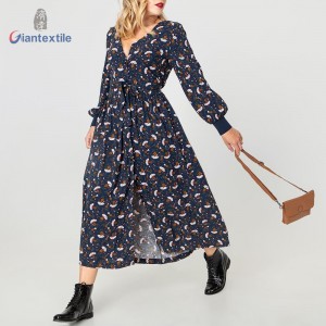 Giantextile Hot Sale Lady’s Dress 100% Viscose Long Sleeve Casual Novelty Print Long V-neck Dress For Women GTCW107412G2