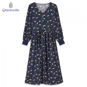 Giantextile Hot Sale Lady’s Dress 100% Viscose Long Sleeve Casual Novelty Print Long V-neck Dress For Women GTCW107412G2