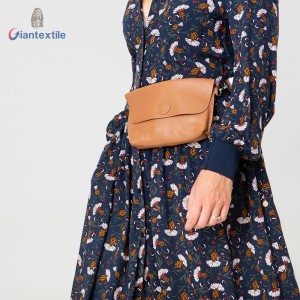 Giantextile Hot Sale Lady’s Dress 100% Viscose Long Sleeve Casual Novelty Print Long V-neck Dress For Women GTCW107412G2