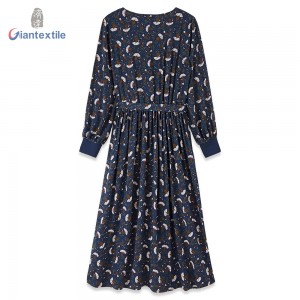 Giantextile Hot Sale Lady’s Dress 100% Viscose Long Sleeve Casual Novelty Print Long V-neck Dress For Women GTCW107412G2