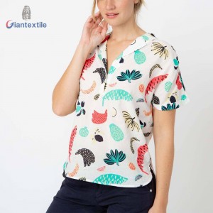 Giantextile Newly Women’s Top Cute Cartoon Print 100% Viscose Good Hand Feel Fitted Short Sleeve V-Neck Women Wear GTCW107698G2