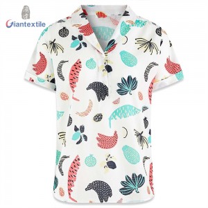 Giantextile Newly Women’s Top Cute Cartoon Print 100% Viscose Good Hand Feel Fitted Short Sleeve V-Neck Women Wear GTCW107698G2