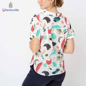 Giantextile Newly Women’s Top Cute Cartoon Print 100% Viscose Good Hand Feel Fitted Short Sleeve V-Neck Women Wear GTCW107698G2