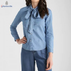 Newly Designed Long-Sleeve Medium Blue Shirt 66%Cotton 34%Polyester Women Denim Shirt With Bowknot on Collar GTCW107731G10