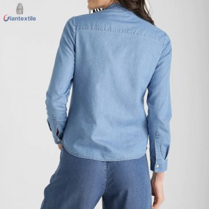 Newly Designed Long-Sleeve Medium Blue Shirt 66%Cotton 34%Polyester Women Denim Shirt With Bowknot on Collar GTCW107731G10