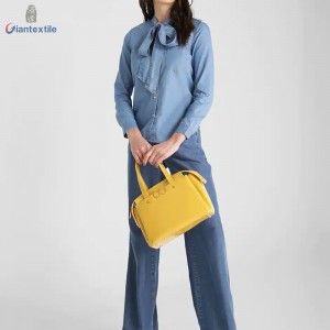 Newly Designed Long-Sleeve Medium Blue Shirt 66%Cotton 34%Polyester Women Denim Shirt With Bowknot on Collar GTCW107731G10