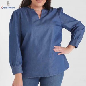 Good Quality Long-Sleeve Big Size Blue Shirt 66%Cotton 34%Polyester Women Denim Shirt With V-neck GTCW107731G13