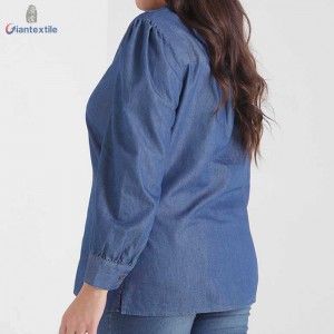 Good Quality Long-Sleeve Big Size Blue Shirt 66%Cotton 34%Polyester Women Denim Shirt With V-neck GTCW107731G13