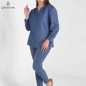 Good Quality Long-Sleeve Big Size Blue Shirt 66%Cotton 34%Polyester Women Denim Shirt With V-neck GTCW107731G13