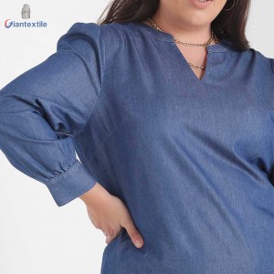 Good Quality Long-Sleeve Big Size Blue Shirt 66%Cotton 34%Polyester Women Denim Shirt With V-neck GTCW107731G13