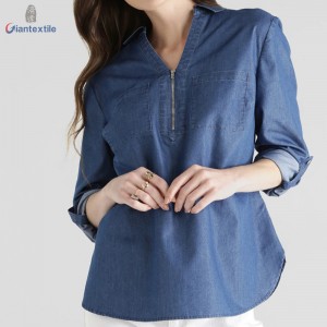 Hot sale Long-Sleeve Medium Blue Shirt 66%Cotton 34%Polyester Women Denim Shirt With V-neck Collar GTCW107731G16