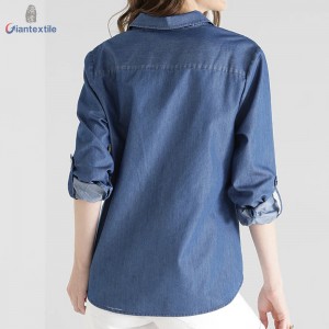 Hot sale Long-Sleeve Medium Blue Shirt 66%Cotton 34%Polyester Women Denim Shirt With V-neck Collar GTCW107731G16