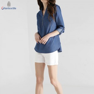 Hot sale Long-Sleeve Medium Blue Shirt 66%Cotton 34%Polyester Women Denim Shirt With V-neck Collar GTCW107731G16