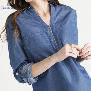 Hot sale Long-Sleeve Medium Blue Shirt 66%Cotton 34%Polyester Women Denim Shirt With V-neck Collar GTCW107731G16