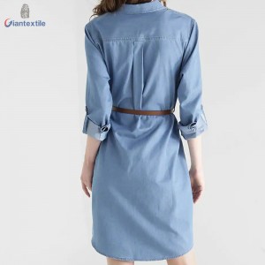 Drop Shipment Sky Blue Dress 66%Cotton 34%Polyester Fitted Long-Sleeve Women Denim Dress With Belt GTCW107731G19