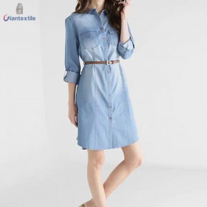 Drop Shipment Sky Blue Dress 66%Cotton 34%Polyester Fitted Long-Sleeve Women Denim Dress With Belt GTCW107731G19