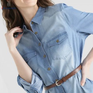 Drop Shipment Sky Blue Dress 66%Cotton 34%Polyester Fitted Long-Sleeve Women Denim Dress With Belt GTCW107731G19