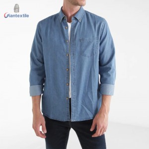 Make to Measure Men’s Denim Shirt Cotton Polyester Long Sleeve Fashion Blue Solid Camisa de hombre GTCW107731G27