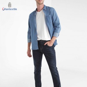 Make to Measure Men’s Denim Shirt Cotton Polyester Long Sleeve Fashion Blue Solid Camisa de hombre GTCW107731G27