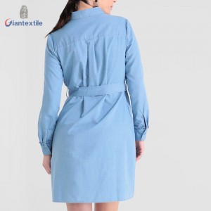 Giantextile Custom Made Polyester Cotton Long Sleeve Casual Denim Solid Fashion Long Dress For Women GTCW107731G34