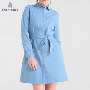 Giantextile Custom Made Polyester Cotton Long Sleeve Casual Denim Solid Fashion Long Dress For Women GTCW107731G34