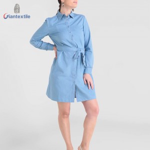 Giantextile Custom Made Polyester Cotton Long Sleeve Casual Denim Solid Fashion Long Dress For Women GTCW107731G34
