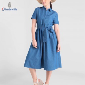 Giantextile High Quality Polyester Cotton Denim Fabric Casual Solid Fashion Long Dress For Women With Belt GTCW107731G35