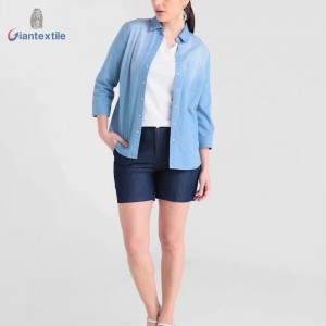Women’s Denim Shirt Cotton Polyester Good Look Fitted Long Sleeve Blue Solid Casual Women Wear GTCW107731G37