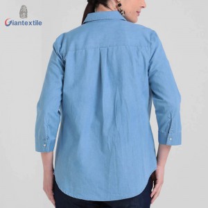 Women’s Denim Shirt Cotton Polyester Good Look Fitted Long Sleeve Blue Solid Casual Women Wear GTCW107731G37