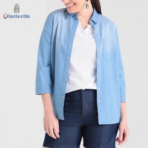 Women’s Denim Shirt Cotton Polyester Good Look Fitted Long Sleeve Blue Solid Casual Women Wear GTCW107731G37