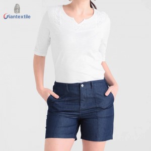 Giantextile Brand Newly Summer Wear Fashion Solid Dark Blue Cotton Polyester Crepe Casual Shorts For Women GTCW107731G38