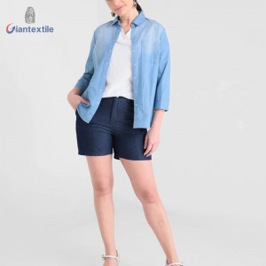 Giantextile Brand Newly Summer Wear Fashion Solid Dark Blue Cotton Polyester Crepe Casual Shorts For Women GTCW107731G38