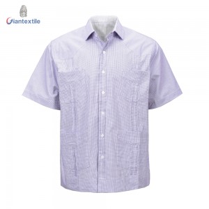 Hawaii Style Design Men’s Shirt Cuban Guayabera Mexican Wedding Shirt Purple Check Short Sleeve Shirt For Men GTCW107827G2