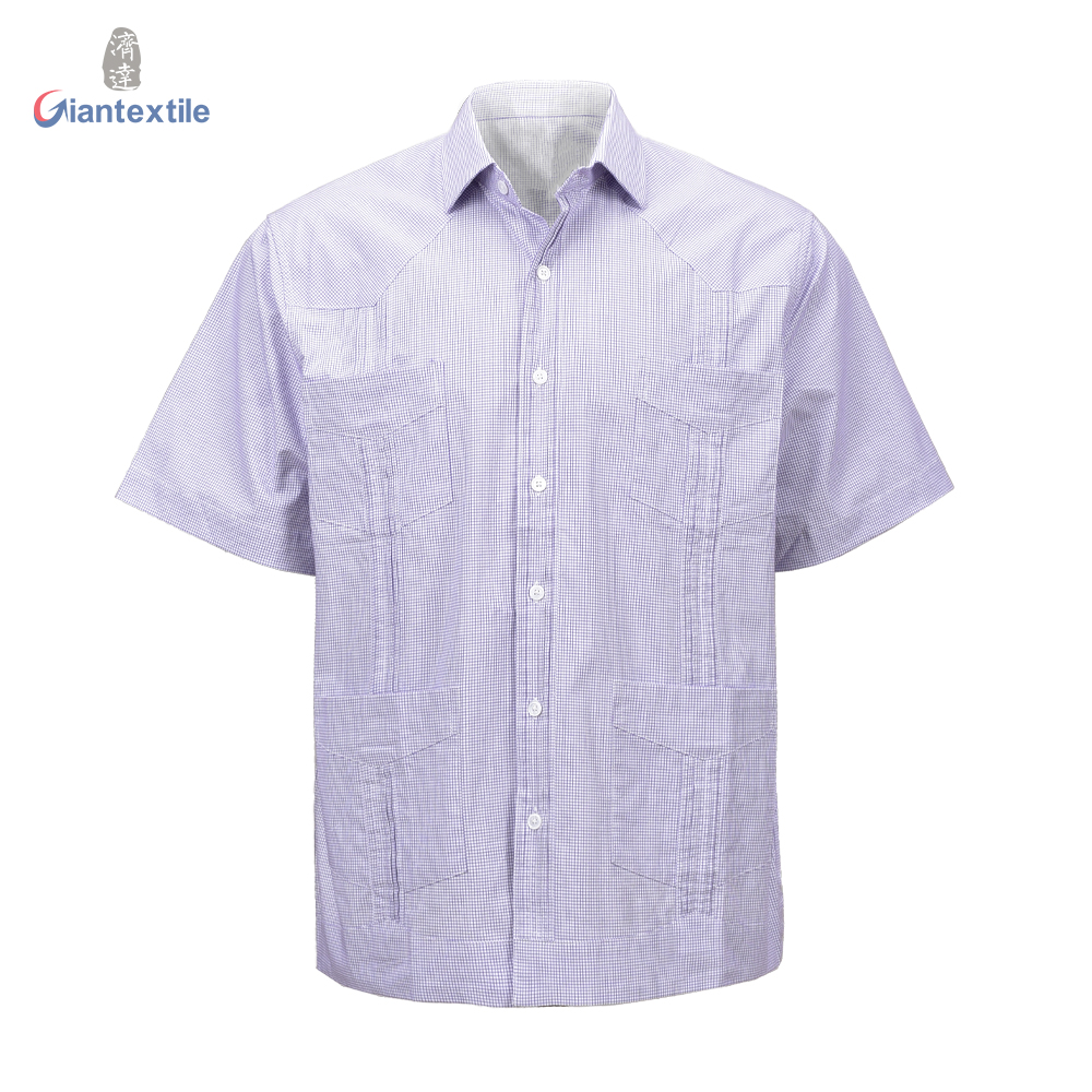 Hawaii Style Design Men’s Shirt Cuban Guayabera Mexican Wedding Shirt Purple Check Short Sleeve Shirt For Men GTCW107827G2 Featured Image