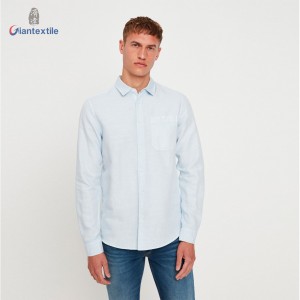 New Arrival Vintage Look 55%Linen 45%Cotton Men’s Shirt Garment Dyed Light Blue Long Sleeve Shirt For Men GTCW107840G1