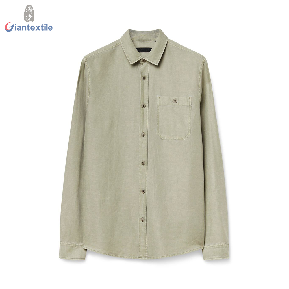 New Arrival Vintage Look 55%Linen 45%Cotton Men’s Shirt Garment Dyed Green Long Sleeve Shirt For Men GTCW107841G1 Featured Image