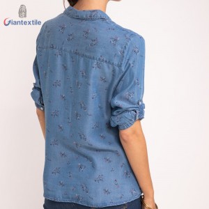 Quality Assurance Denim Print Cotton Nylon Spandex Fitted Long-Sleeve Women Denim Top GTCW107977G1