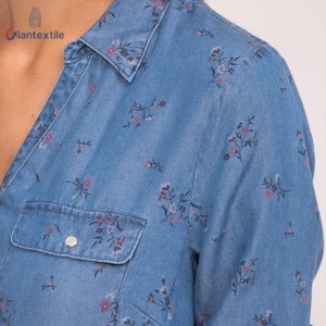 Quality Assurance Denim Print Cotton Nylon Spandex Fitted Long-Sleeve Women Denim Top GTCW107977G1