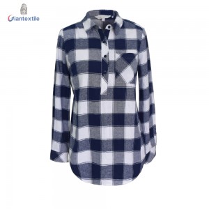 Soft Cotton Feel Fitted Long Sleeve Loose Check Cleaner Look Woman Comfy Causal Blouse GTCW107898G1