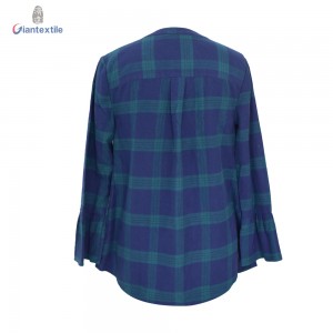 Top Quality V-neck long-sleeved Funky Loose Check Autumn Woman Green Smart Casual Blouse GTCW107899G1