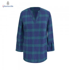 Top Quality V-neck long-sleeved Funky Loose Check Autumn Woman Green Smart Casual Blouse GTCW107899G1