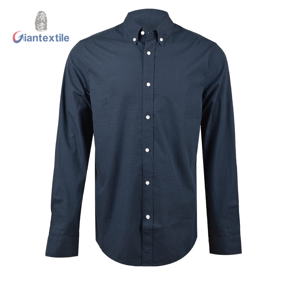 Giantextile Support Custom Men’s Shirt Mini Floral Print Navy 100% Cotton Fitted Long Sleeve Casual Shirt For Men GTCW107955G1 Featured Image