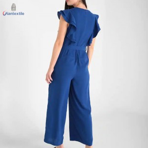 New Design Sleeveless Blue Jumpsuits 100% Polyester Women Solid Shirt With Belt GTCW107984G1