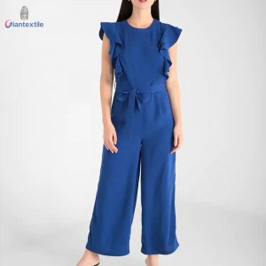 New Design Sleeveless Blue Jumpsuits 100% Polyester Women Solid Shirt With Belt GTCW107984G1